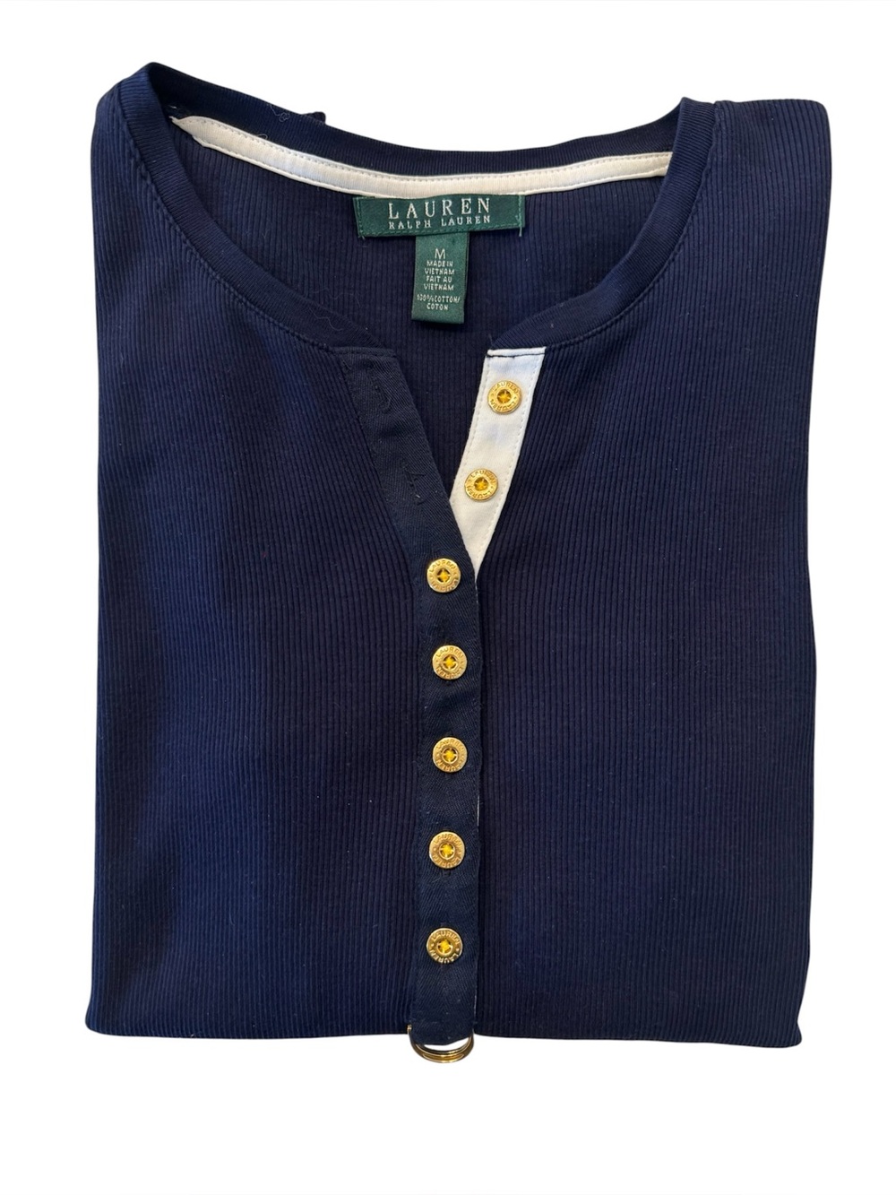 LAUREN Ralph Lauren Navy Ribbed Henley Top Gold Hardware - M (Mint)